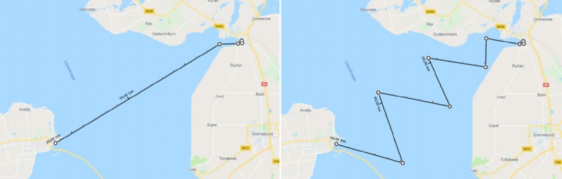 Je nach Windrichtung kann sich auch die zu segelnde Strecke vergrößern! Links ist die Reichweite 33km, rechts nicht weniger als 60km!